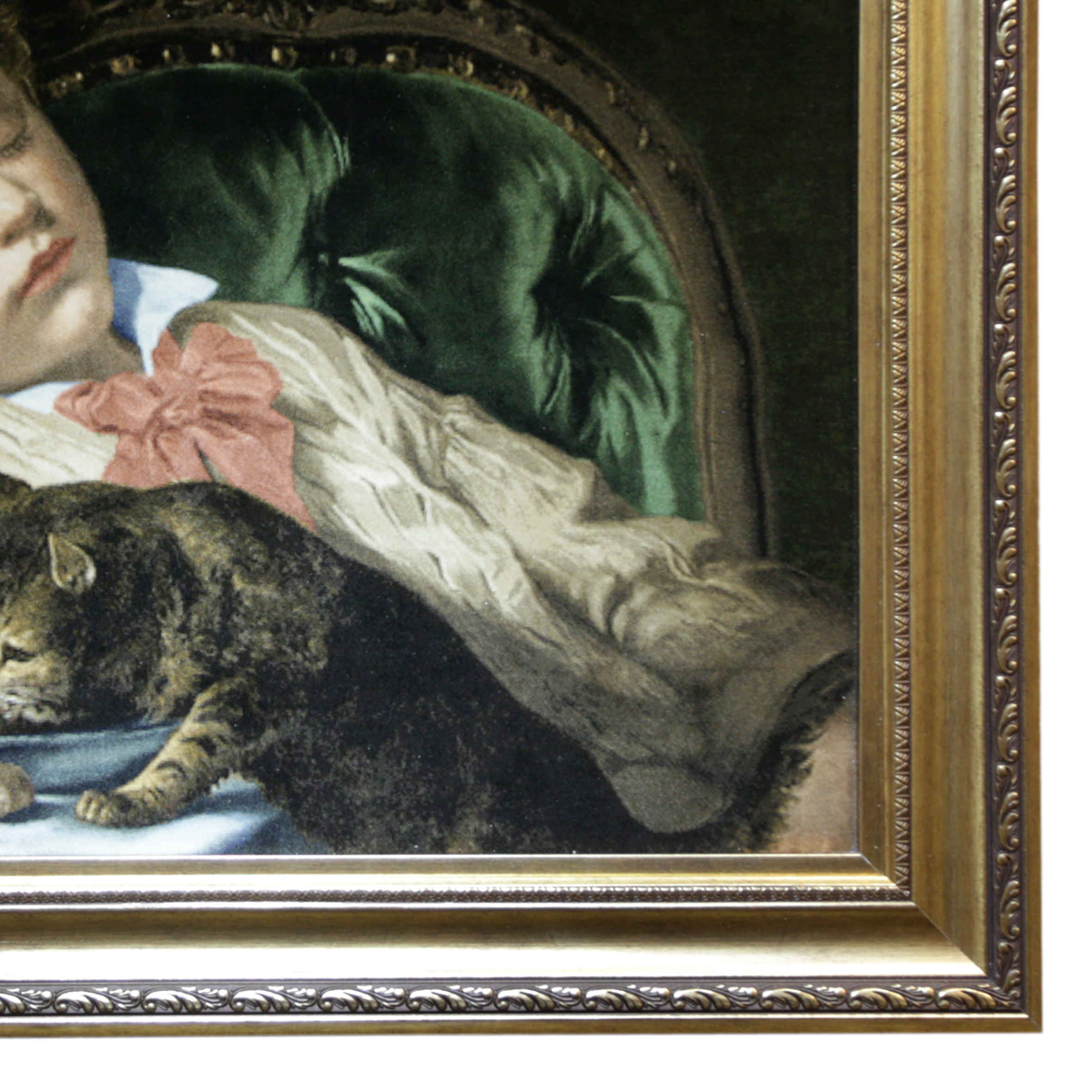 سجادة إيرانية تصويرية محبوكة يدويًا من تبريز تصور صبي نائم مع القطة