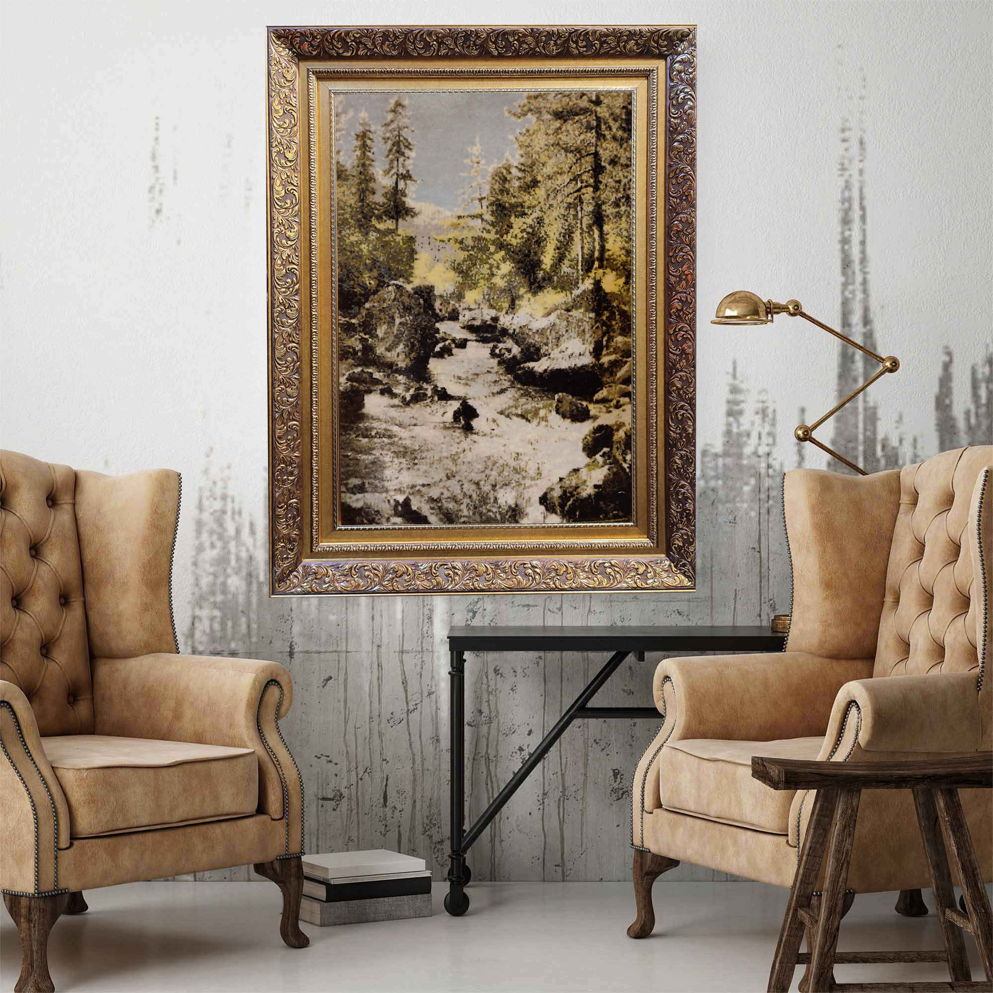 سجادة إيرانية تصويرية محبوكة يدويًا من تبريز تصور ذوبان الثلوج