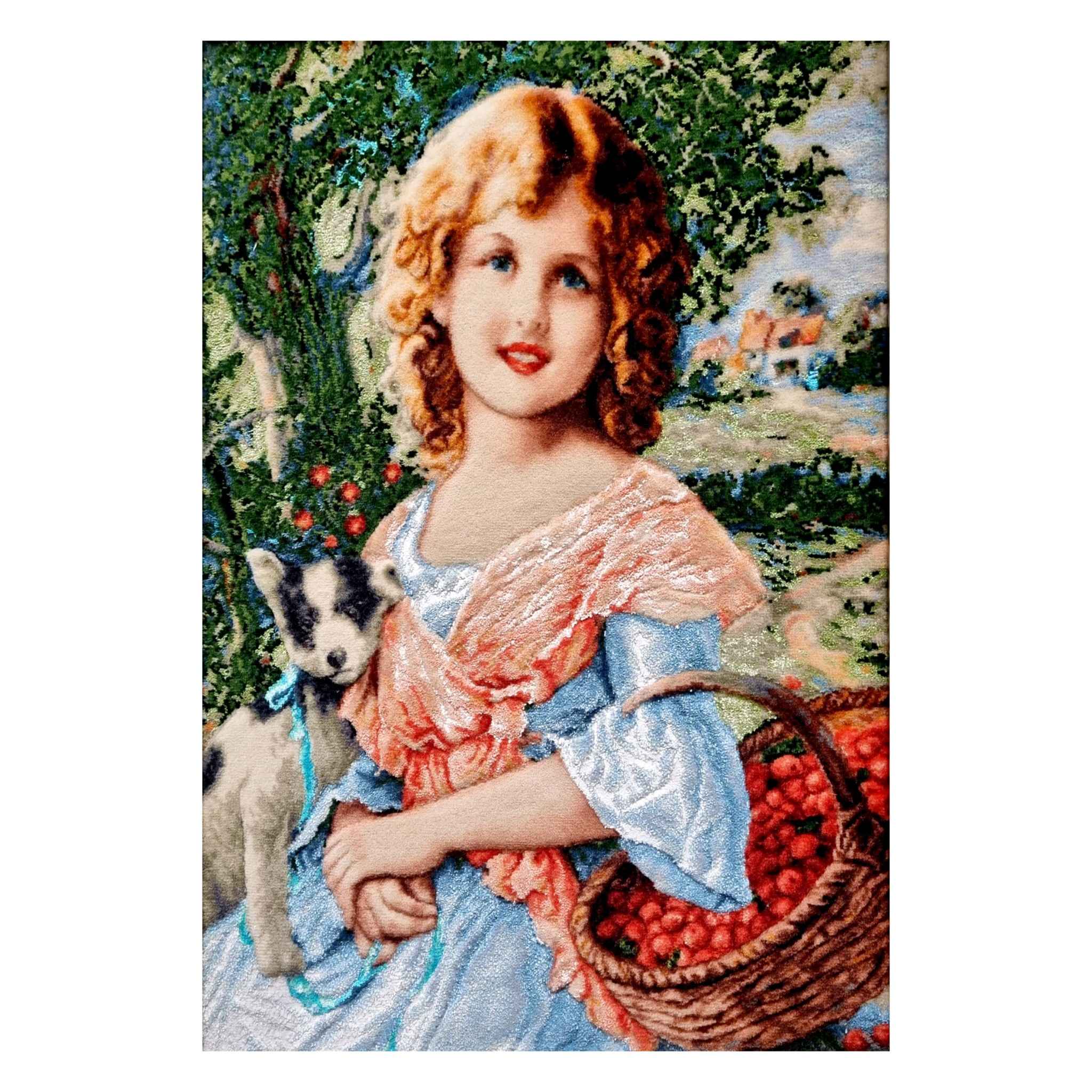 سجادة إيرانية تصويرية محبوكة يدويًا من تبريز تصور الفتاة والكلب