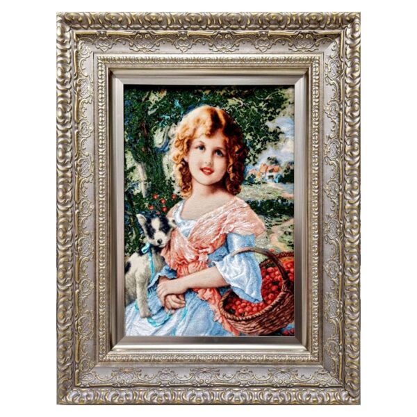 سجادة إيرانية تصويرية محبوكة يدويًا من تبريز تصور الفتاة والكلب