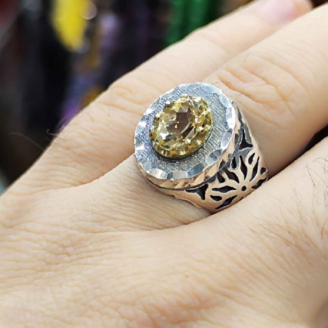 خاتم فضة بحجر السترين الأصفر الإيراني للرجال ورشاسب