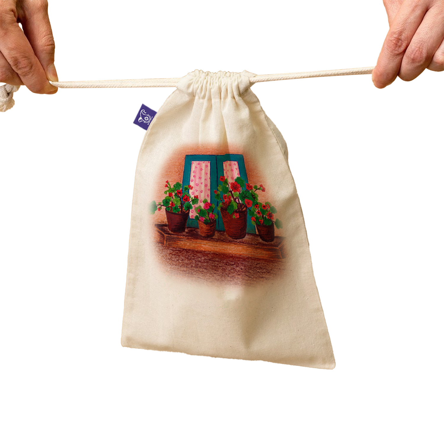 حقيبة تخزين قطنية بإغلاق سحب – صديقة للبيئة وقابلة لإعادة الاستخدام بتصميم زهور