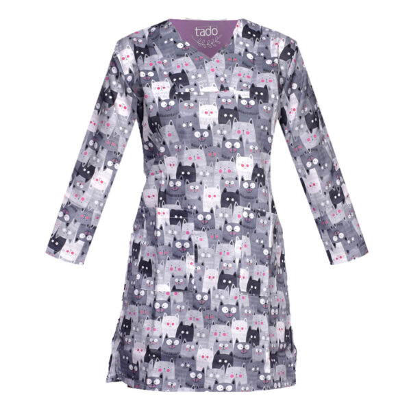 زي طبي نسائي بأكمام طويلة لطب البيطرة بتصميم قطة – لطيف ومريح