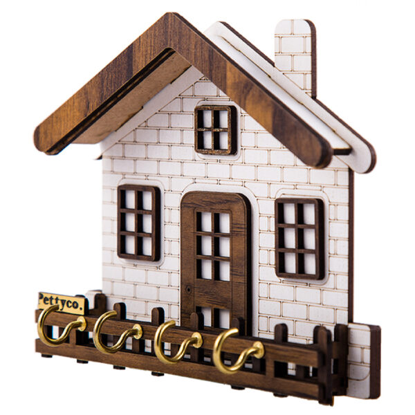 حامل مفاتيح جداري خشبي بتصميم كوخ و 4 خطافات