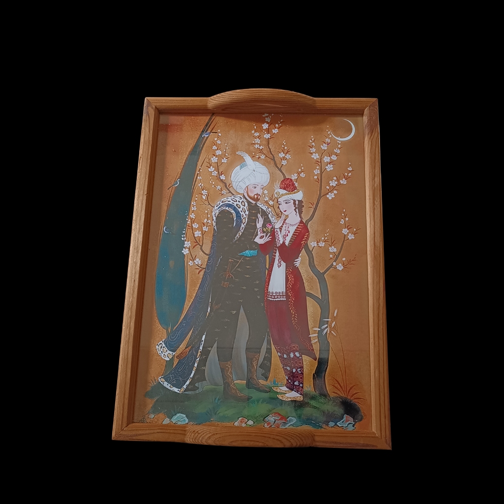 صينية خشبية فنية مع زجاج – تصميم فارسي “خسرو وشيرين”