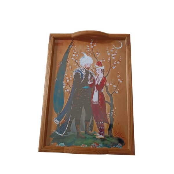 صينية خشبية فنية مع زجاج – تصميم فارسي "خسرو وشيرين"