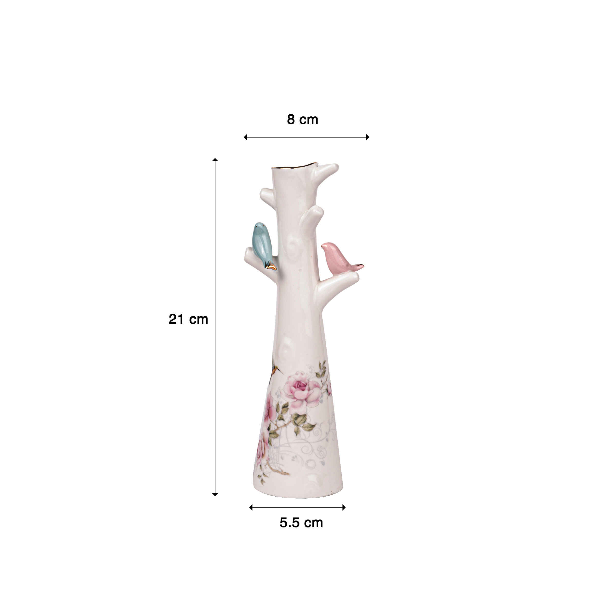 فازة برعم خزفية زخرفية بتصميم مزخرف بالزهور والطائر باللون الأبيض