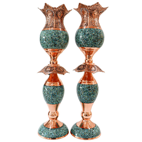 شمعدان نحاسي مصنوع يدويًا بتركيب تركواز نيشابور (2x)
