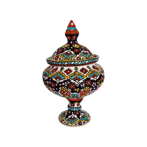 وعاء سكر من الخزف الإيراني الميناكاري المصنوع يدويًا مع غطاء
