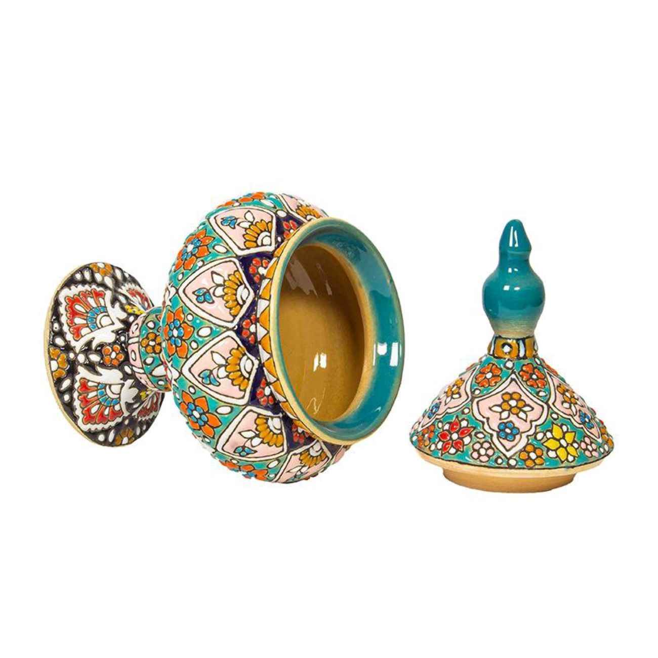 وعاء سكر من الخزف الإيراني الميناكاري المصنوع يدويًا مع غطاء بتصميم زهور