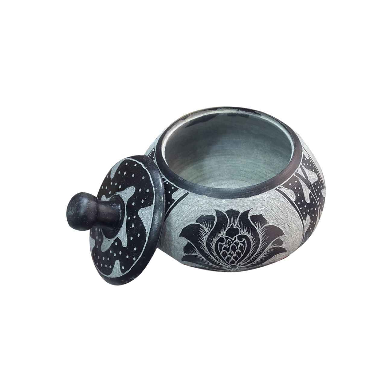 وعاء سكر حجري مصنوع يدويًا مع غطاء – تصميم زهري فني