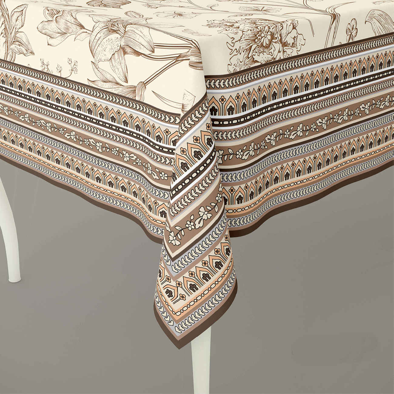 مفرش الطاولة المطبوع بحواف زهور باللون البني لستة أشخاص