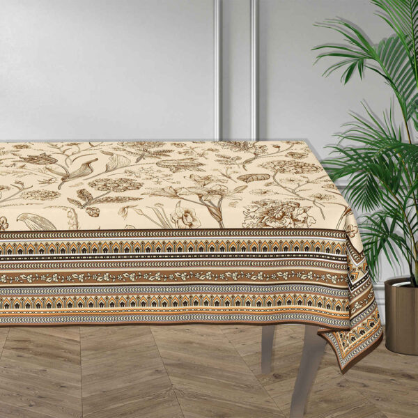 مفرش الطاولة المطبوع بحواف زهور باللون البني لستة أشخاص