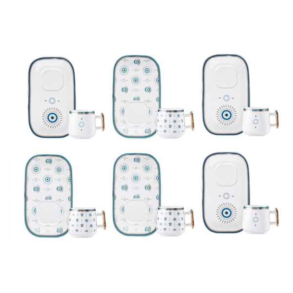 طقم شاي خزفي فني بنقشة عين الحسد البيضاء – أدوات تقديم جميلة ووقائية