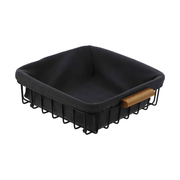 سلة معدنية سوداء بمقابض خشبية وبطانة قماشية – تصميم أنيق ومتقن