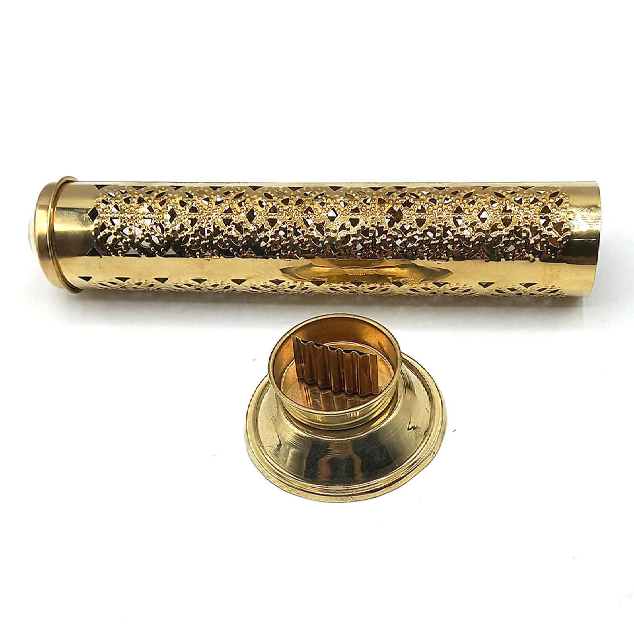 حامل مبخرة من النحاس – حرفية يدوية بتصميم أسطواني بلون ذهبي