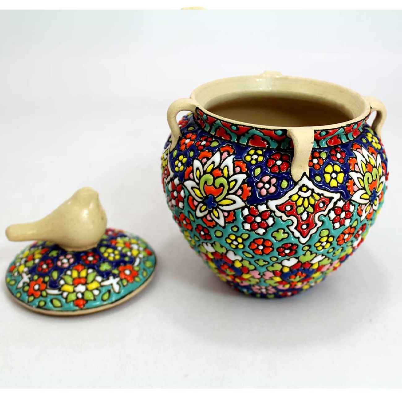 وعاء سكر من الفخار الإيراني مصنوع يدويًا بغطاء – مزيج من التقاليد والفن