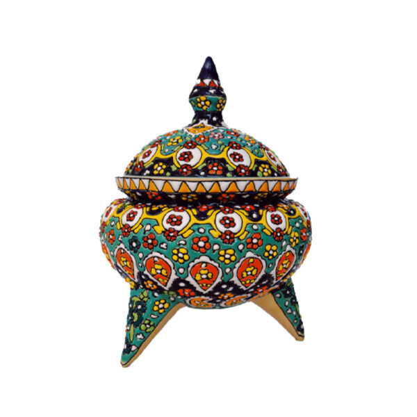 وعاء سكر مزخرف يدويًا من الفخار الإيراني مع غطاء بتصميم زهور