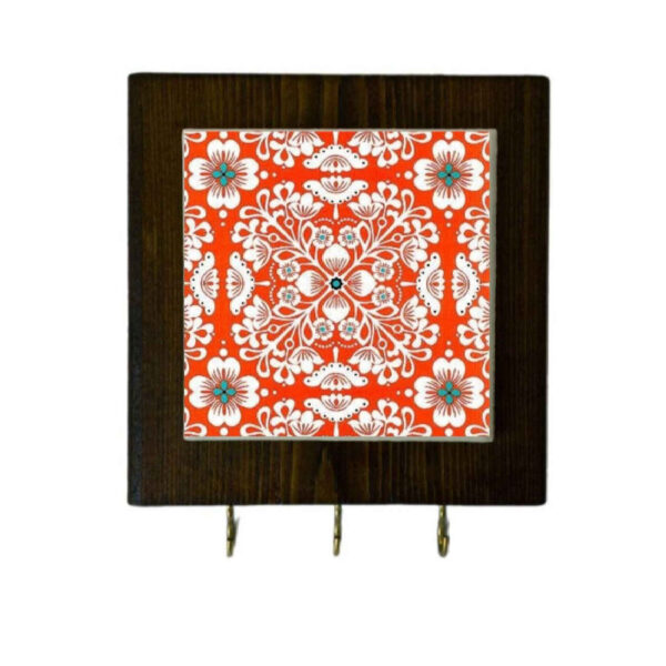 حامل مفاتيح جداري سيراميكي - بإطار خشبي، مثالي لتنظيم المفاتيح باللون الأحمر