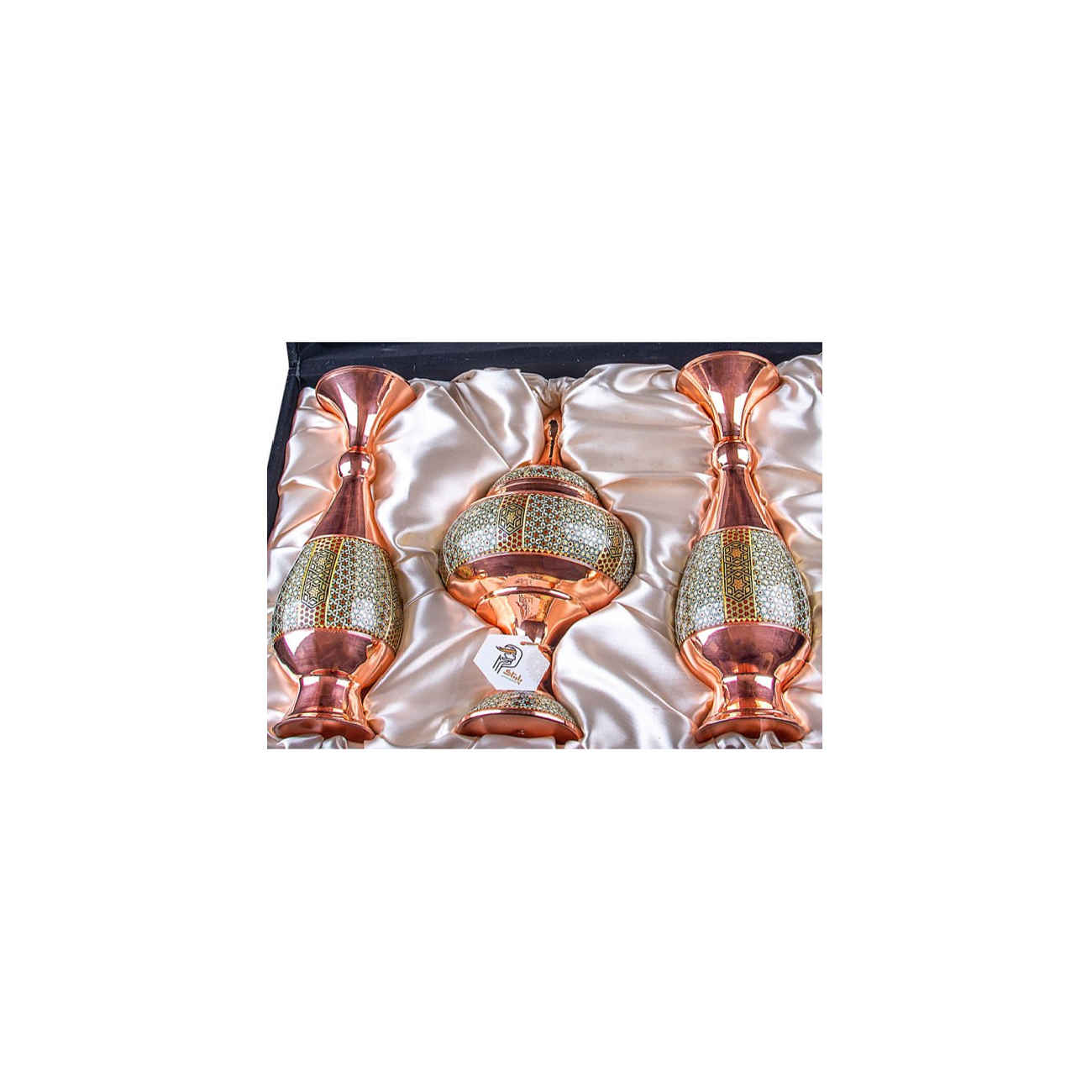 مجموعة هدايا إيرانية كاتمكاري مكونة من 3 قطع – مزهرية وعاء شوكولاتة مرصع بالزخارف