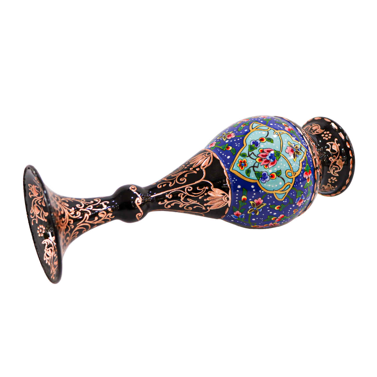 إيرانى مزهرية نحاسية زخرفية مصنوعة يدويًا بتصميم زهري باللون الأسود