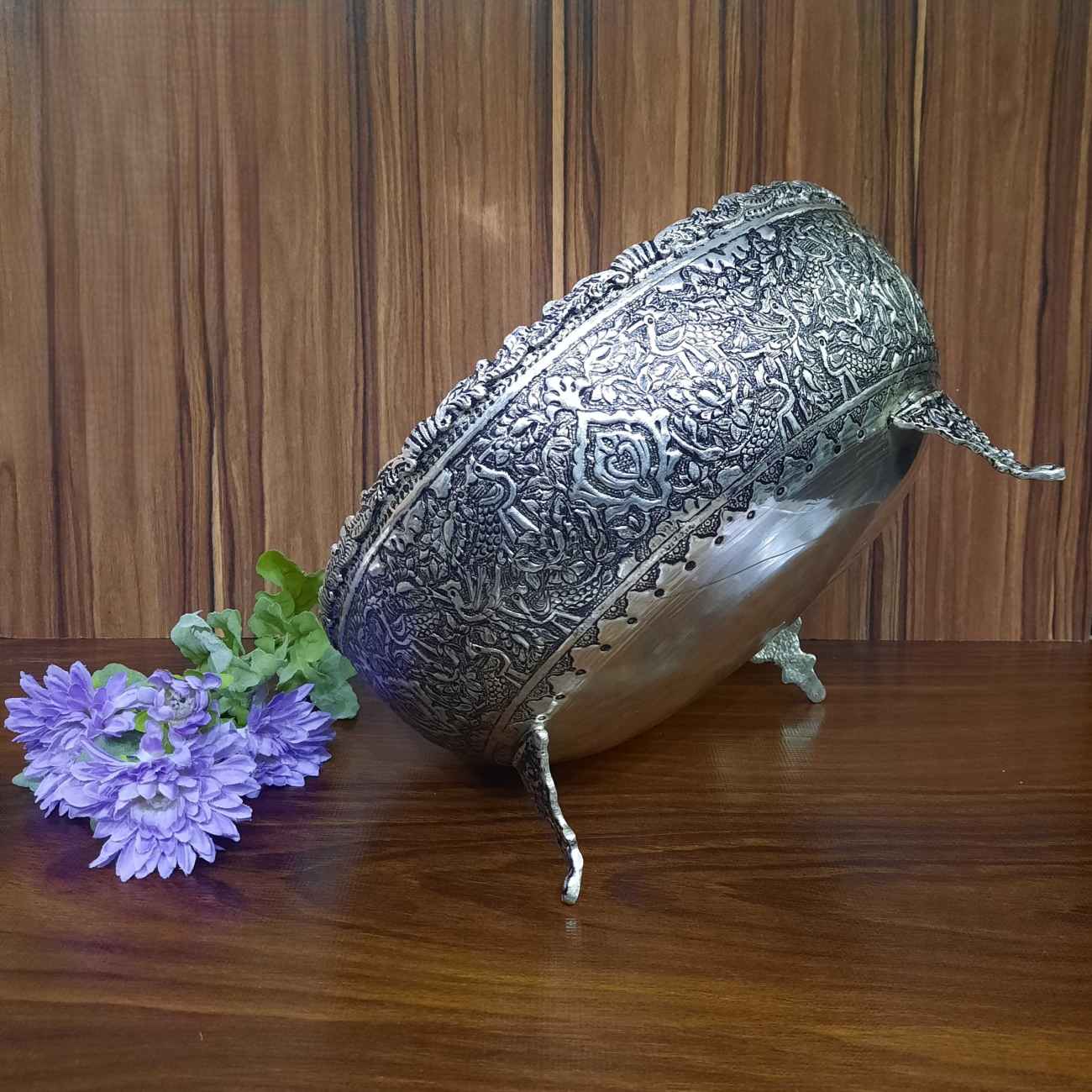 وعاء فضي زخرفي إيراني بتفاصيل مصنوعة يدويًا – مثالي للديكور التقليدي