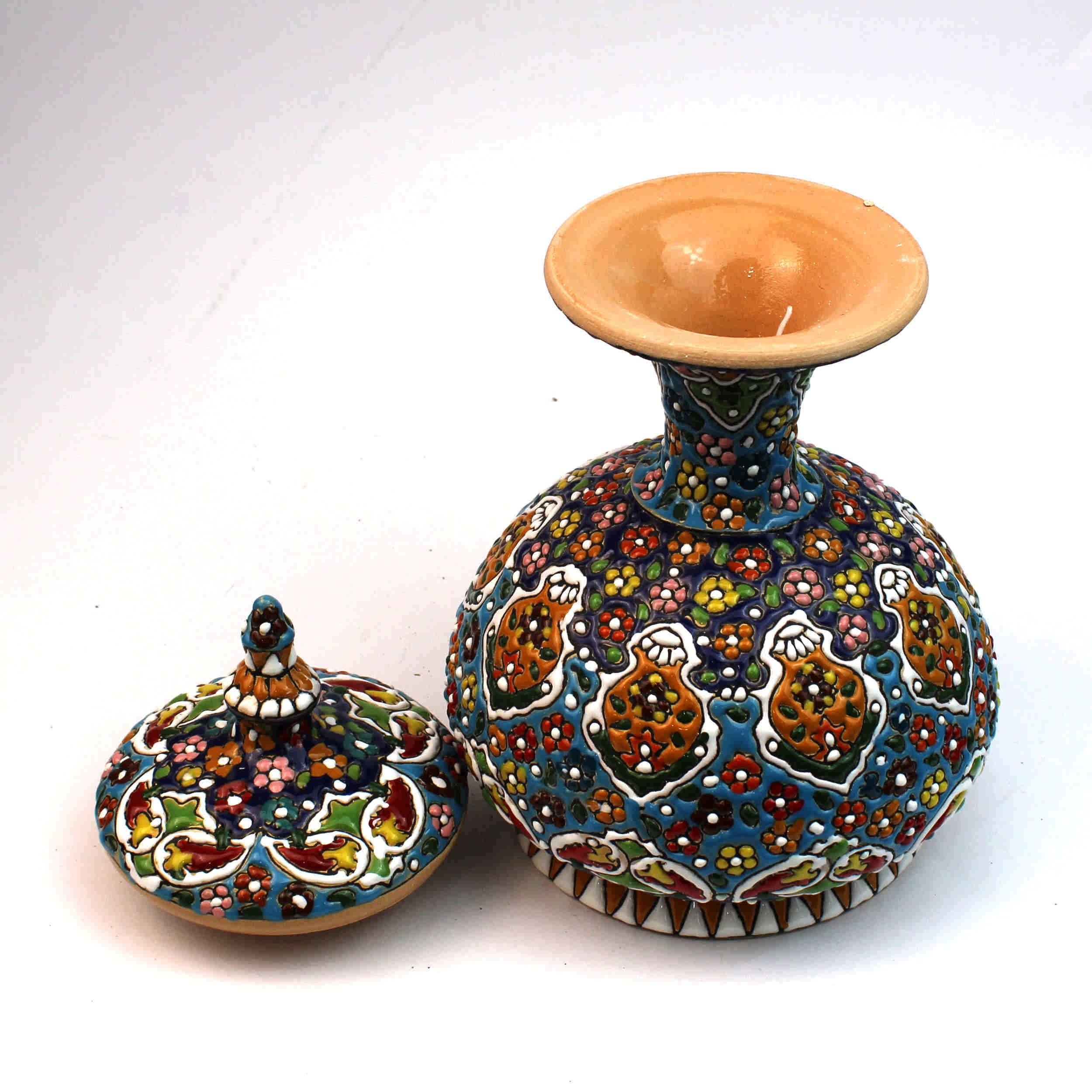 وعاء سكر مزخرف بأقدام من الفخار الإيراني مع غطاء – مزخرف بتقنية المينكاري بتصميم زهور