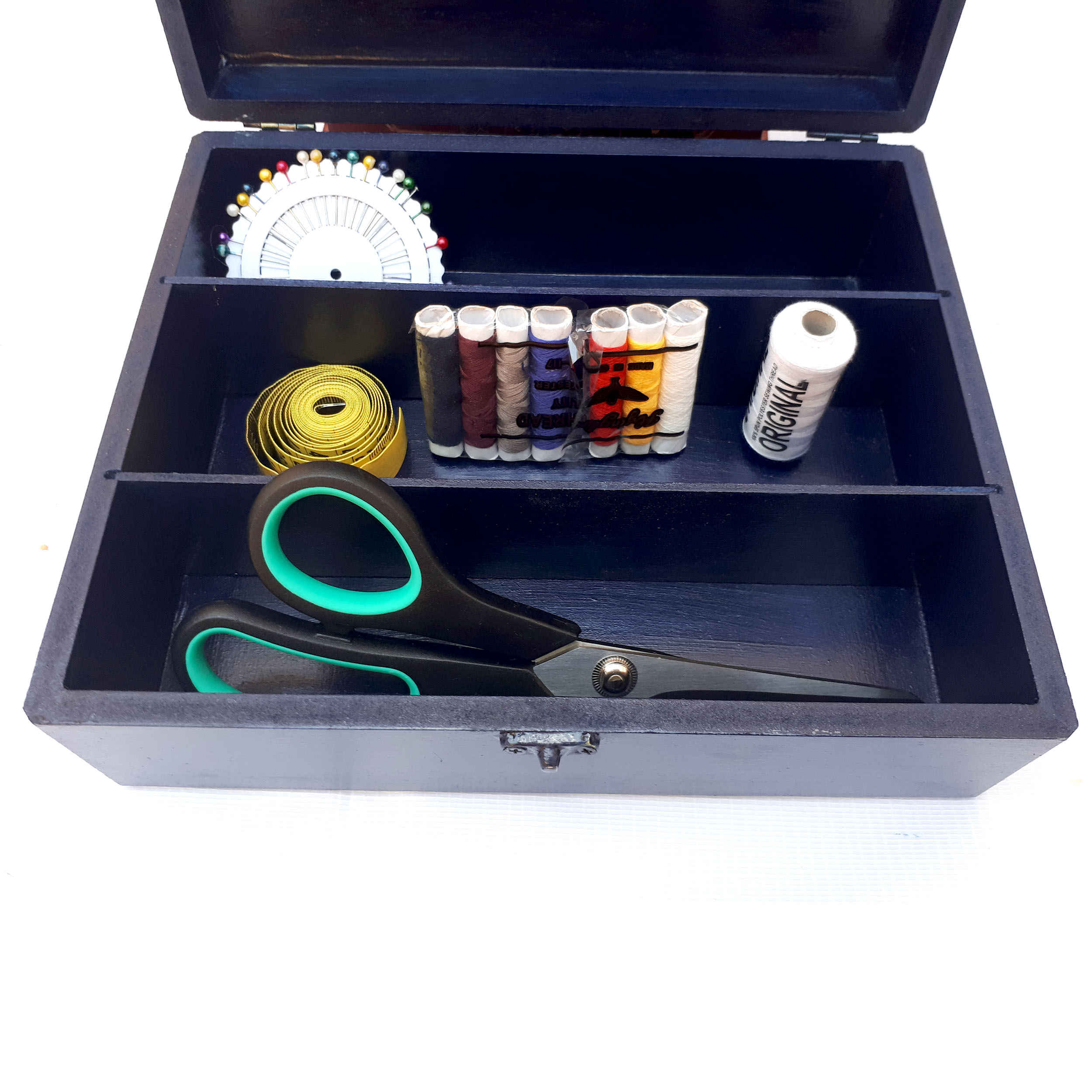صندوق أدوات الخياطة الخشبي باللون الأزرق البحري – مثالي للحرف اليدوية، الإصلاح، والتفصيل في المنزل