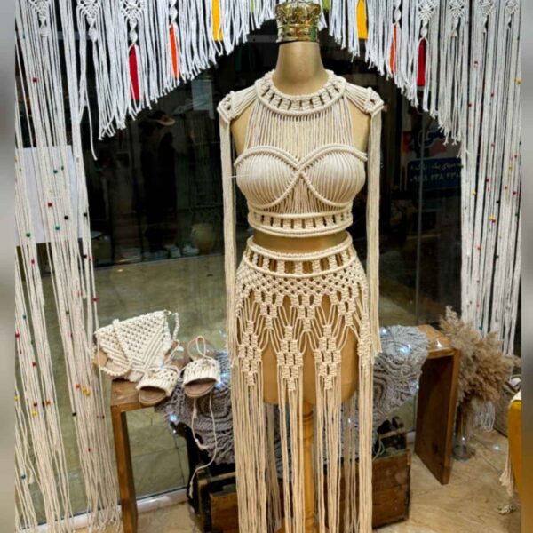 فستان ماكرامي يدوي الصنع – توب قصير وتنورة، أنيق ومثالي للمشي على شاطئ البحر