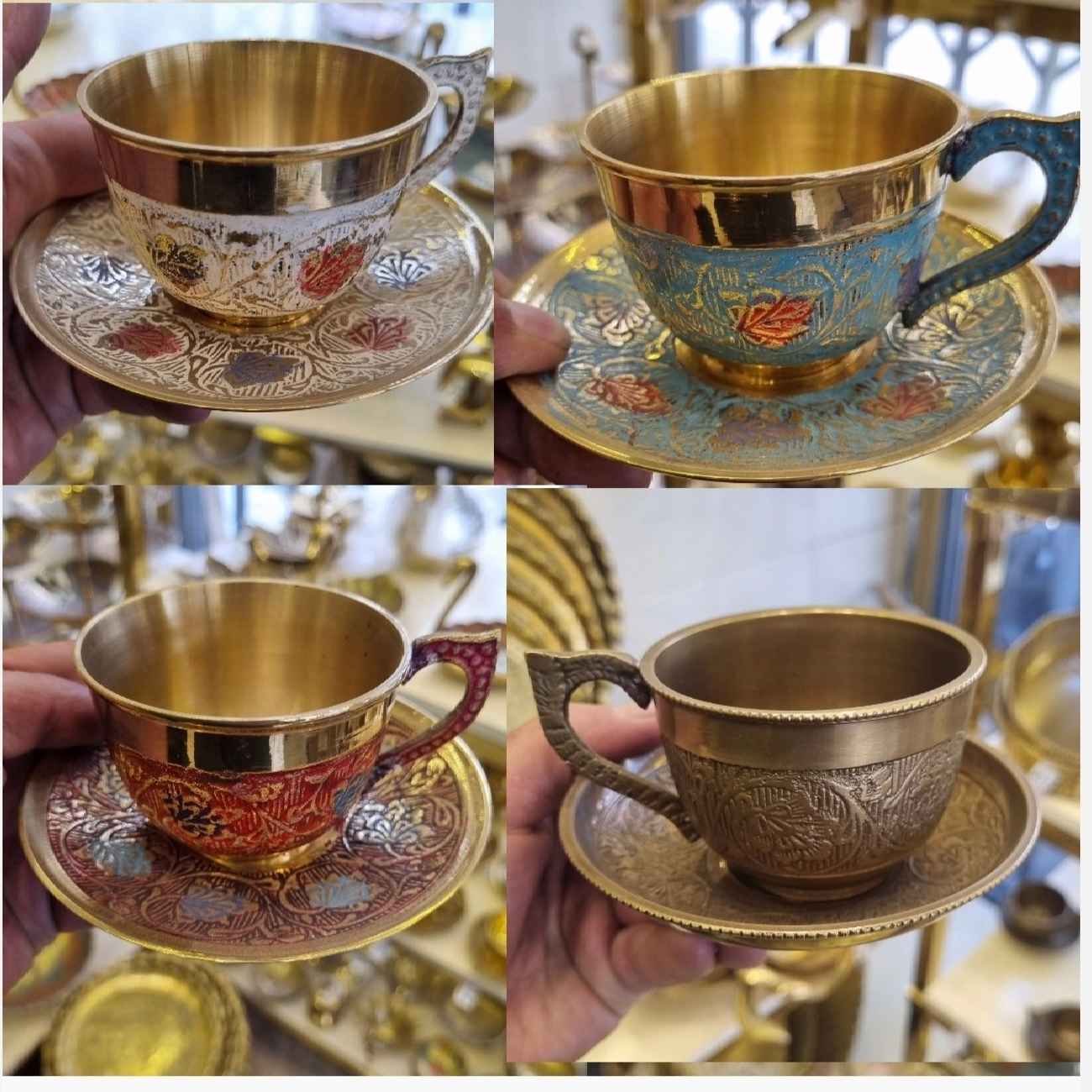 مجموعة فنجان وصحن شاي من البرونز بتصميم ميناكاري الإيراني – مجموعة شاي تقليدية زخرفية (6 قطع)