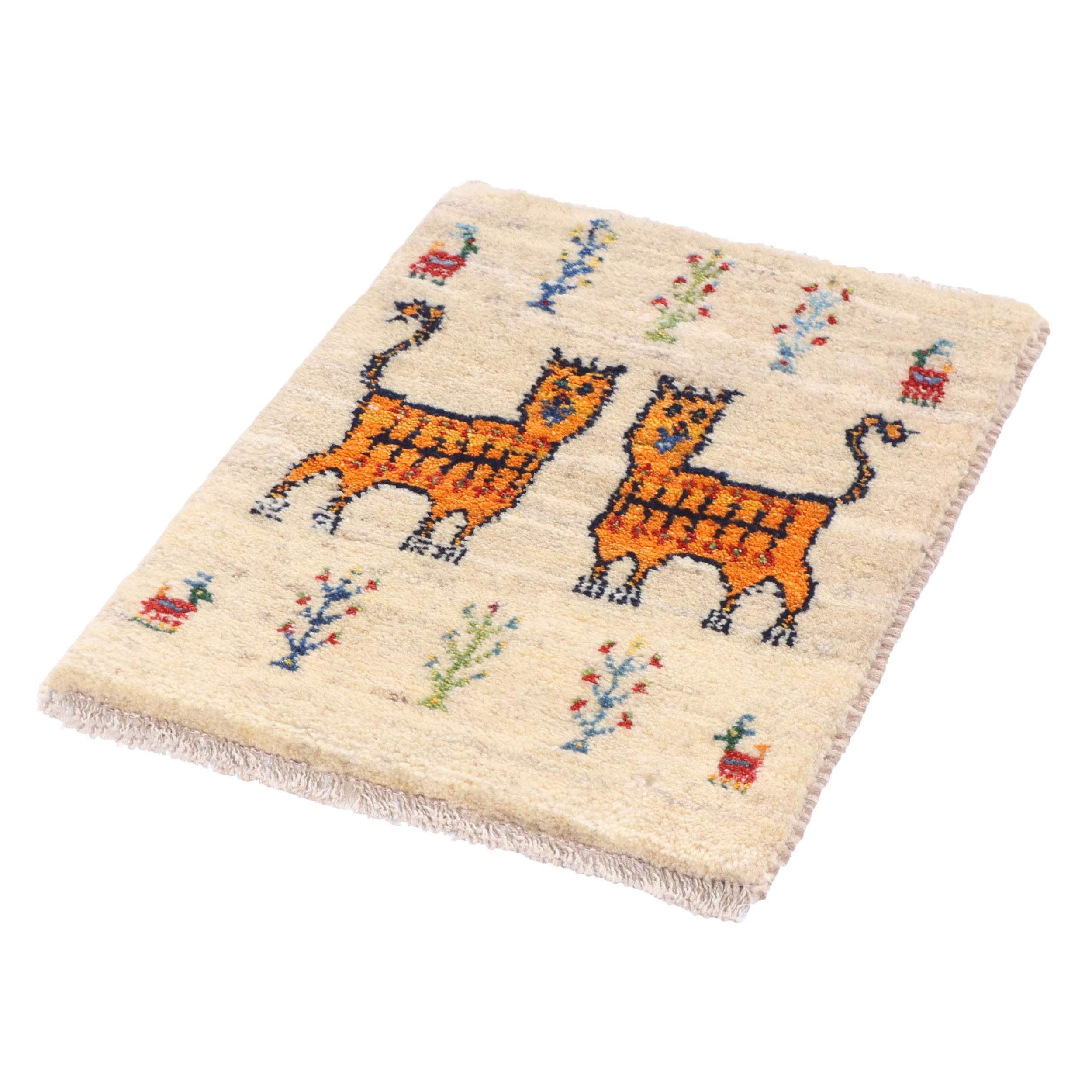 سجاد جابيه إيراني من الصوف يدويًا في شيراز – تصميم القطط باللون الكريمي