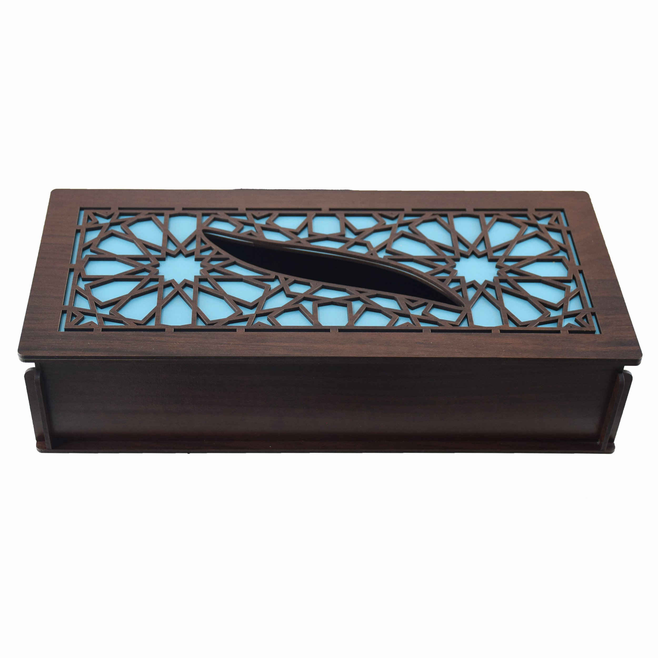 غطاء صندوق مناديل خشبي بتصميم هندسي باللون البني