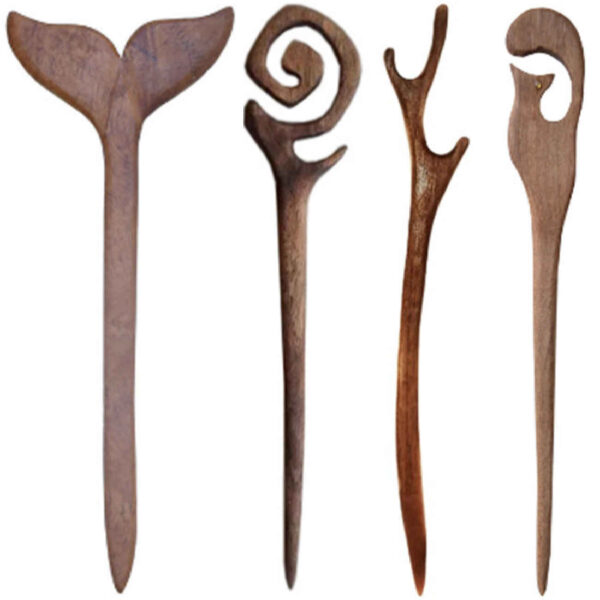 عصا شعر خشبية مصنوعة يدويًا - حجم كبير باللون البني (عبوة من 4)