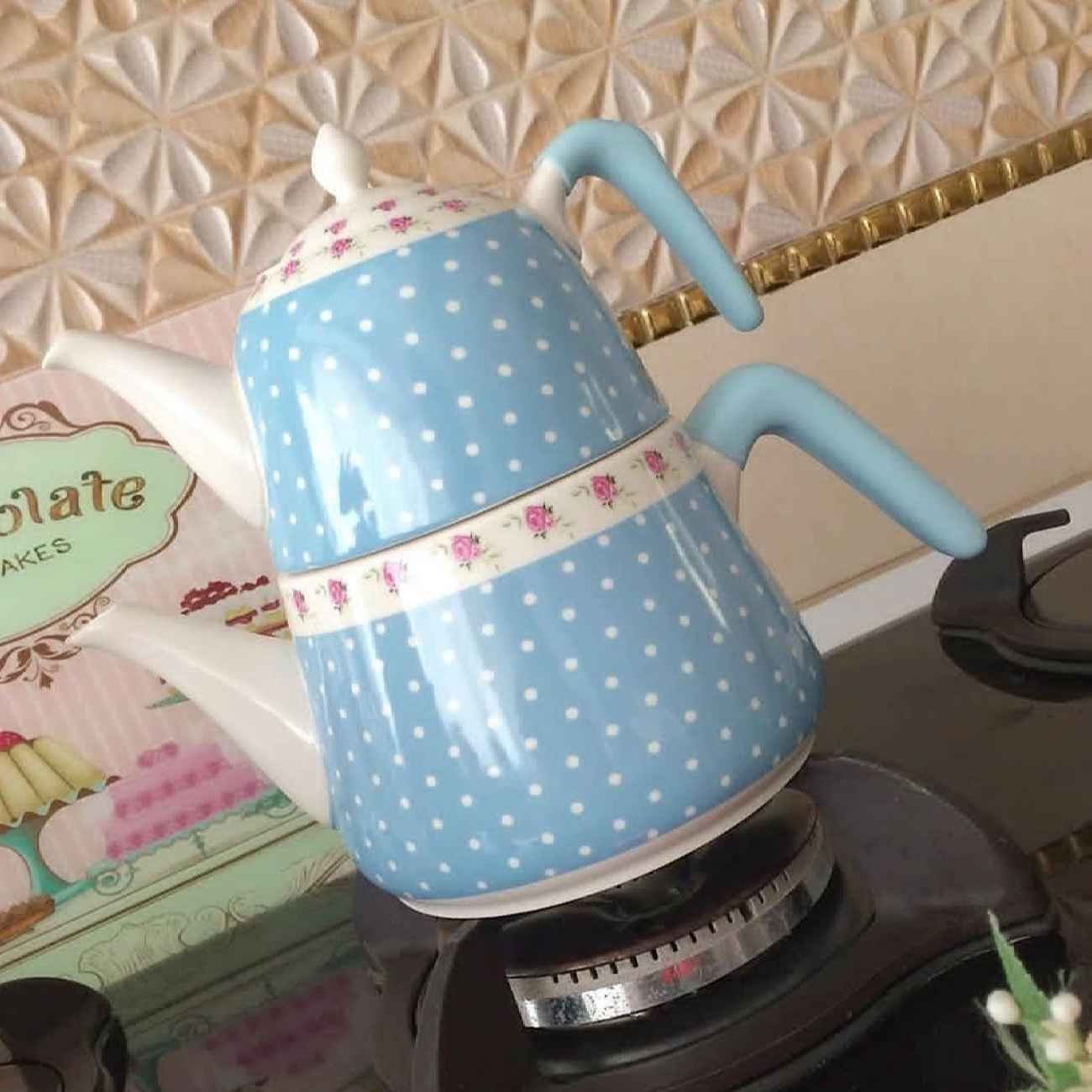 طقم إبريق شاي مزدوج سيراميكي – مثالي كهدية، متين بتصميم بنقوش نقطية وزهور