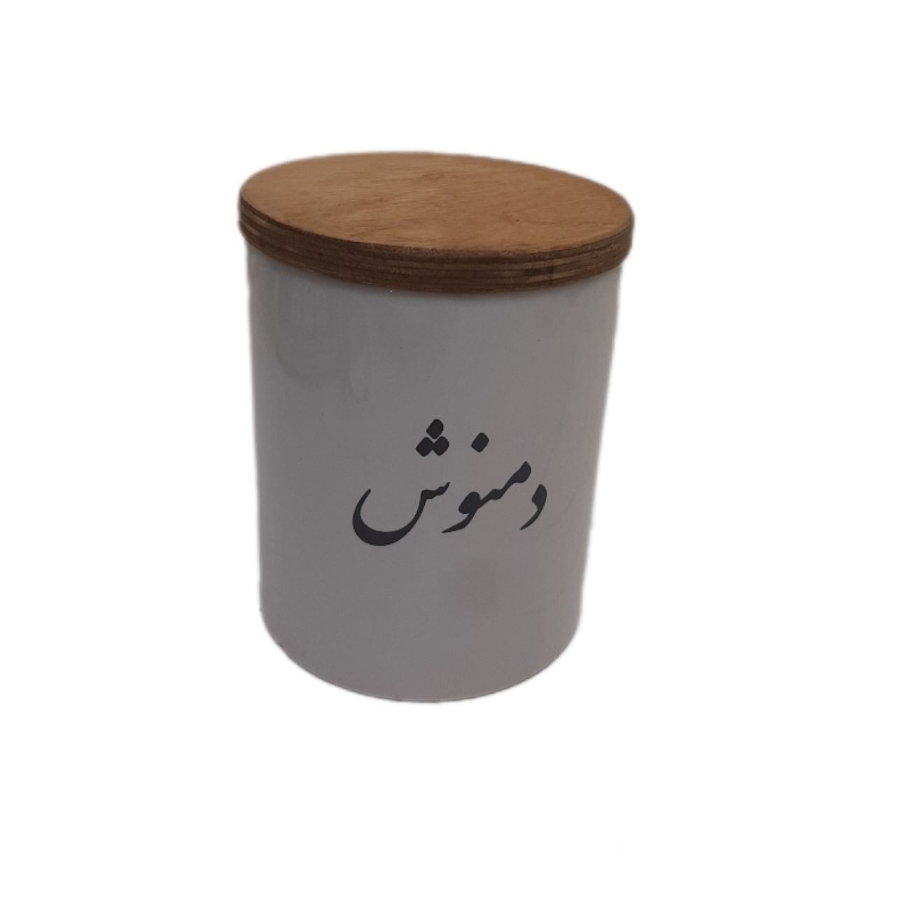 مجموعة توابل خزفية مع كتابة إيرانية ورف خشبي – حل تخزين أنيق للمطبخ