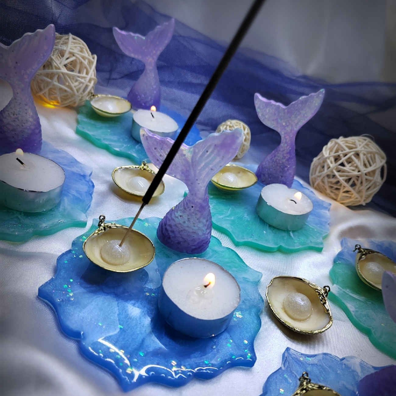 حامل بخور من الراتنج المصنوع يدوياً بتصميم البحر والأسماك