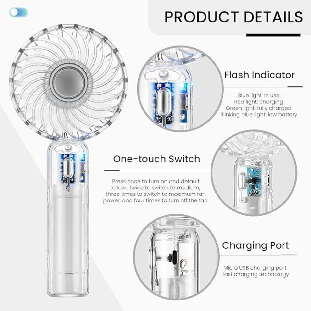 مروحة يدوية صغيرة قابلة للشحن عبر USB – خفيفة الوزن وتُثبت بالمشبك للتبريد الشخصي