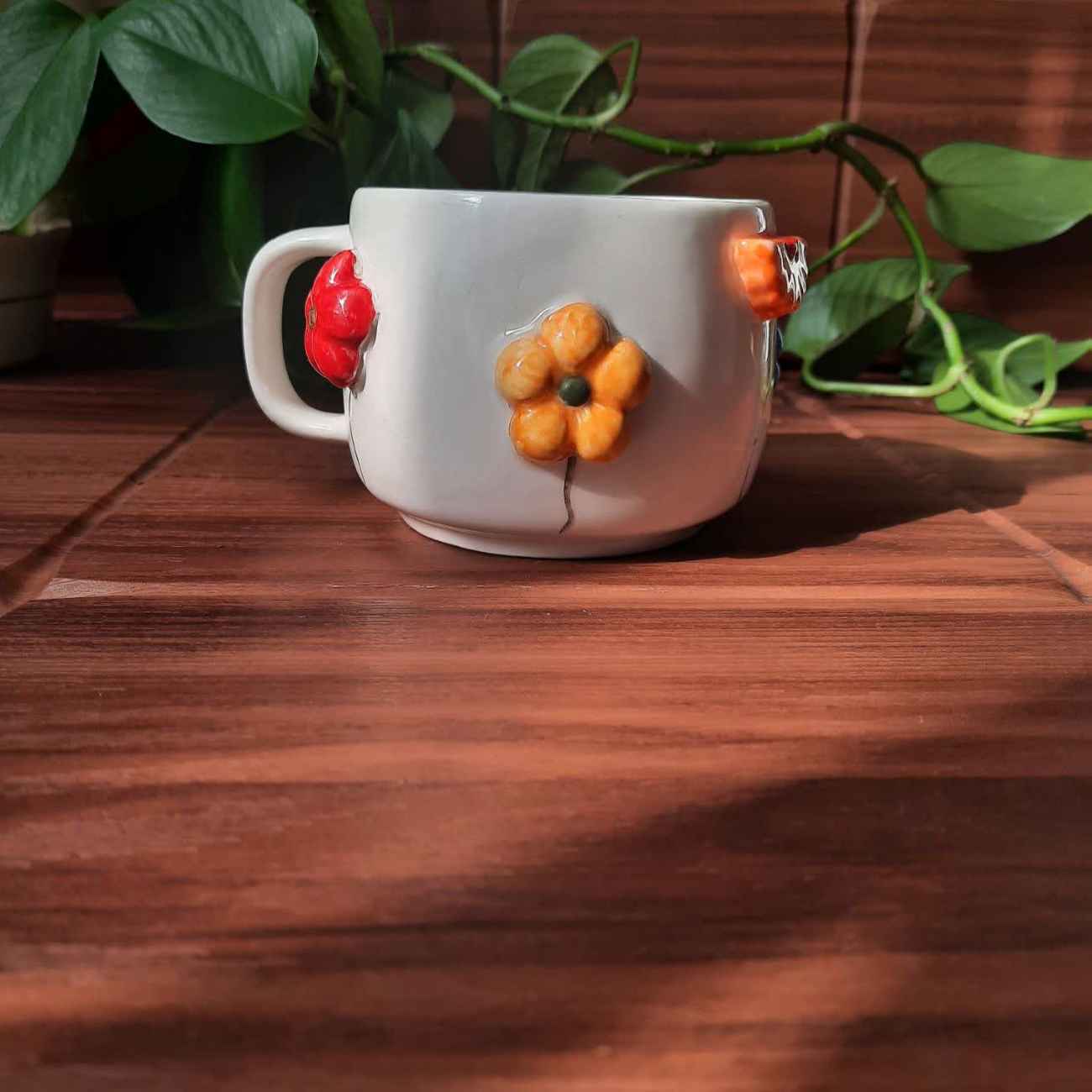 Handcrafted Embossed Floral Ceramic Mug – Fantasy Style with Raised Flower Design