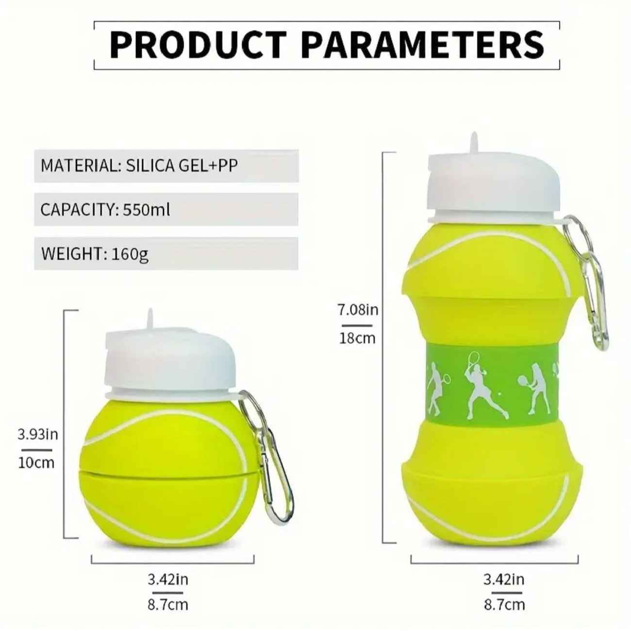 Thumbnail 2: زجاجة مياه سيليكون قابلة للطي – تصميم كرة التنس، بسعة 0.55 لتر