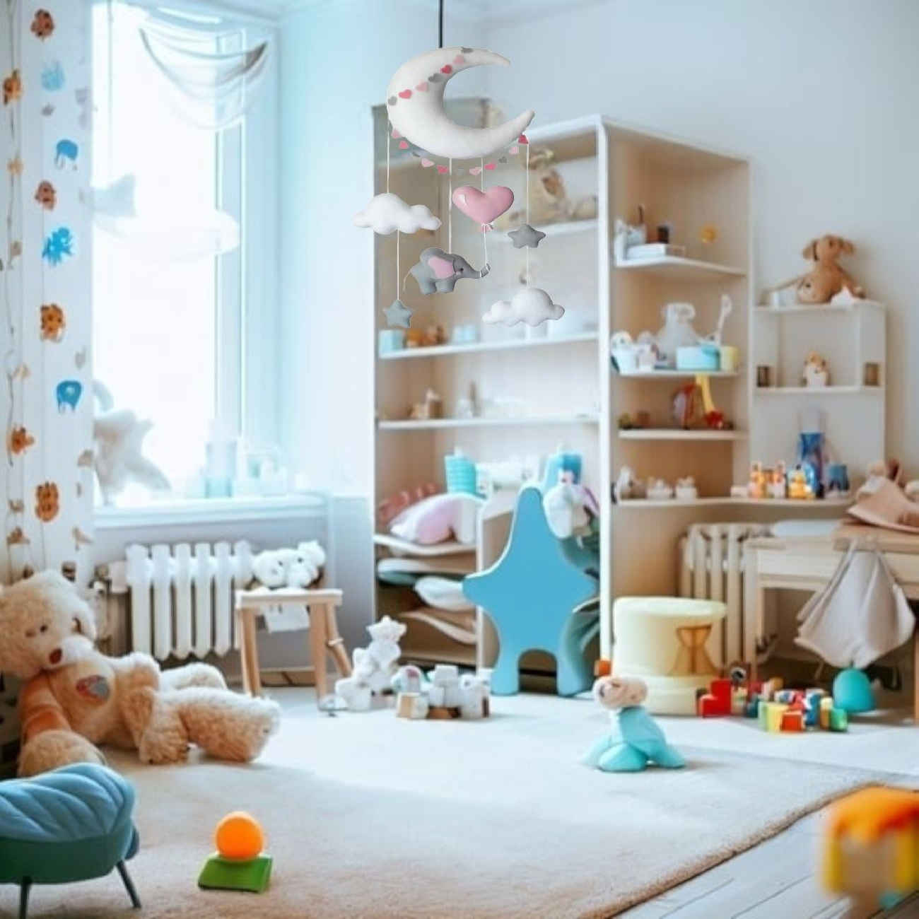 موبايل سرير الطفل – ديكور مثالي لغرفة الأطفال بتصميم الفيل والقمر