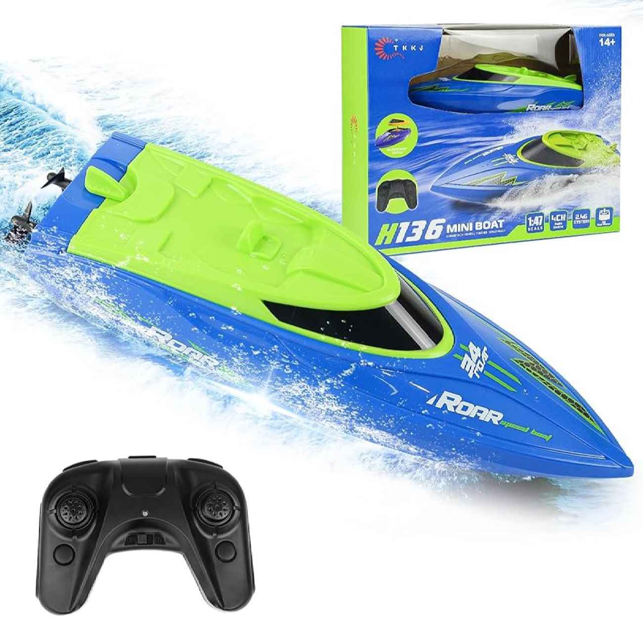 قارب RC أزرق-أخضر سريع مقاوم للماء مع تحكم 2.4GHz – هدية مثالية للأطفال