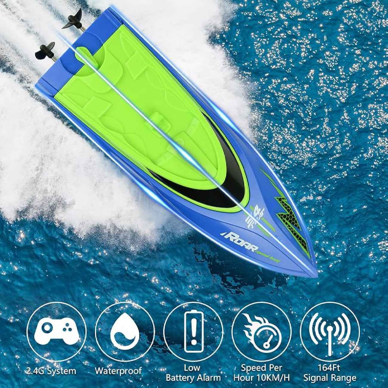 قارب RC أزرق-أخضر سريع مقاوم للماء مع تحكم 2.4GHz – هدية مثالية للأطفال