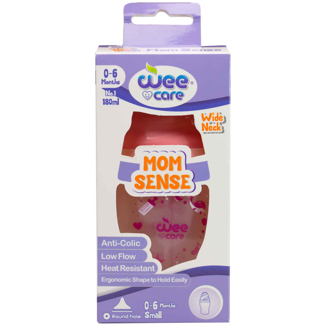 رضاعة أطفال Wee Care Mom Sense – بفوهة عريضة، مضادة للمغص وخالية من BPA، 180 مل